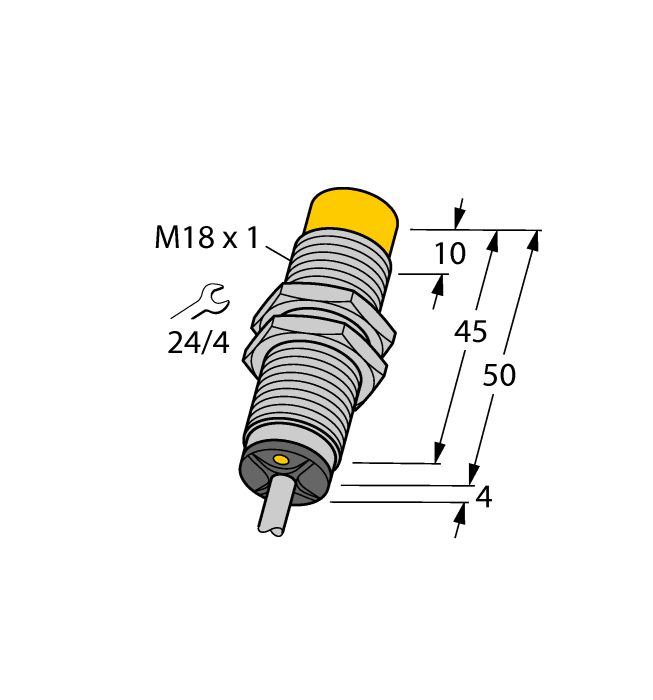 Turck Inductive Proximity Metal Barrel Sensor; All Metal Sensing; 18mm; Non-Embeddable; 10-30VDC; NO; PNP